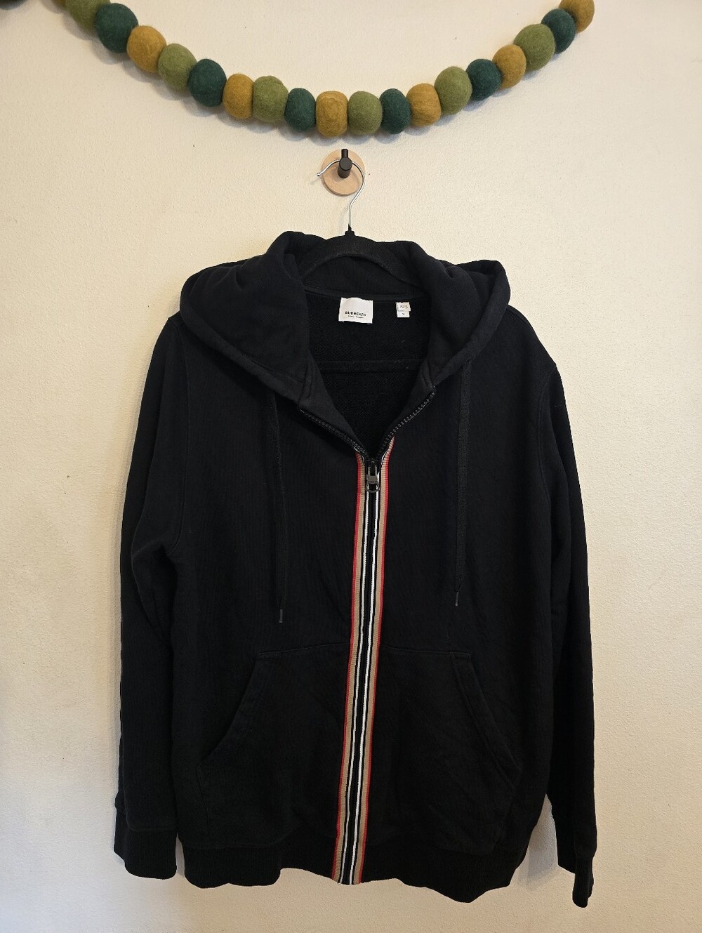 Burberry London Zip Up Hoodie Black 8084428 Mens Size M Stripe Authenticated